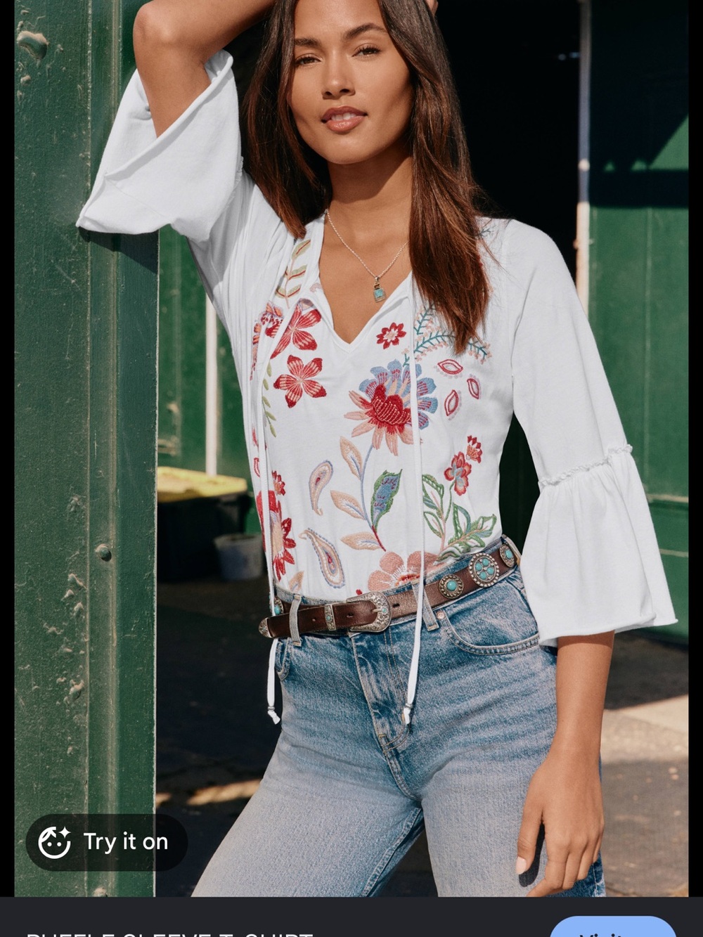 Johnny Was Freyde Ruffle Sleeve White Floral Embroidered Boho T Shirt Top XS